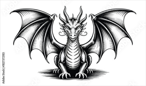 Ferocious Flying Dragon with Detailed Wings - Black and White Fantasy Creature