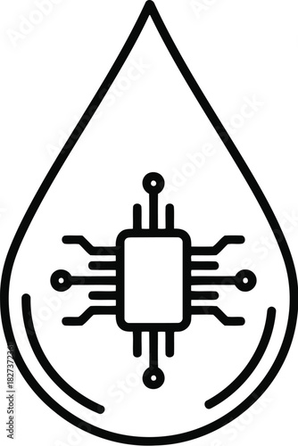 Microchip within a water drop icon, symbolizing liquid cooling, sustainable technology, and the future of advanced electronics