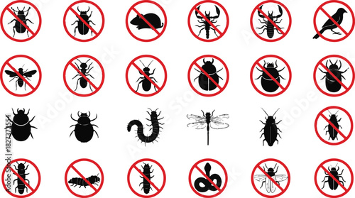 Vector Icons of Pests and Animals with Prohibition Signs Illustration