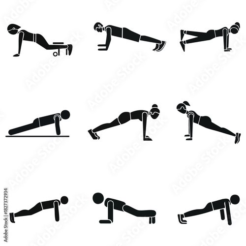 Strong Athlete Performing Horizontal Plank Push-Up Exercise Collection Vector