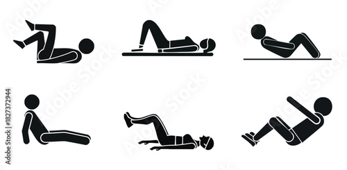 Person Performing Sit Up Exercise with Knees Bent Fitness Icon Collection Vector