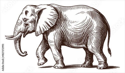 Detailed African Elephant Vintage Ink Sketch (Side View)