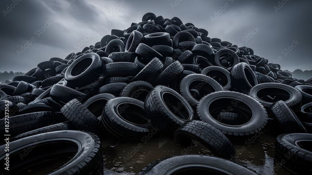 Obraz premium A Somber Mountain of Discarded Tires Under a Gloomy Sky, Tires piled high in a wasteland, environmental concerns in a striking monochrome landscape