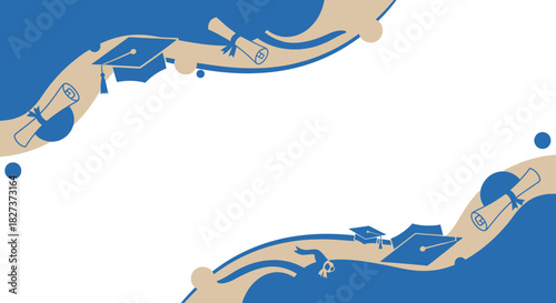 Graduation Cap and Diploma Border Design with Blue and Tan Abstract Waves.