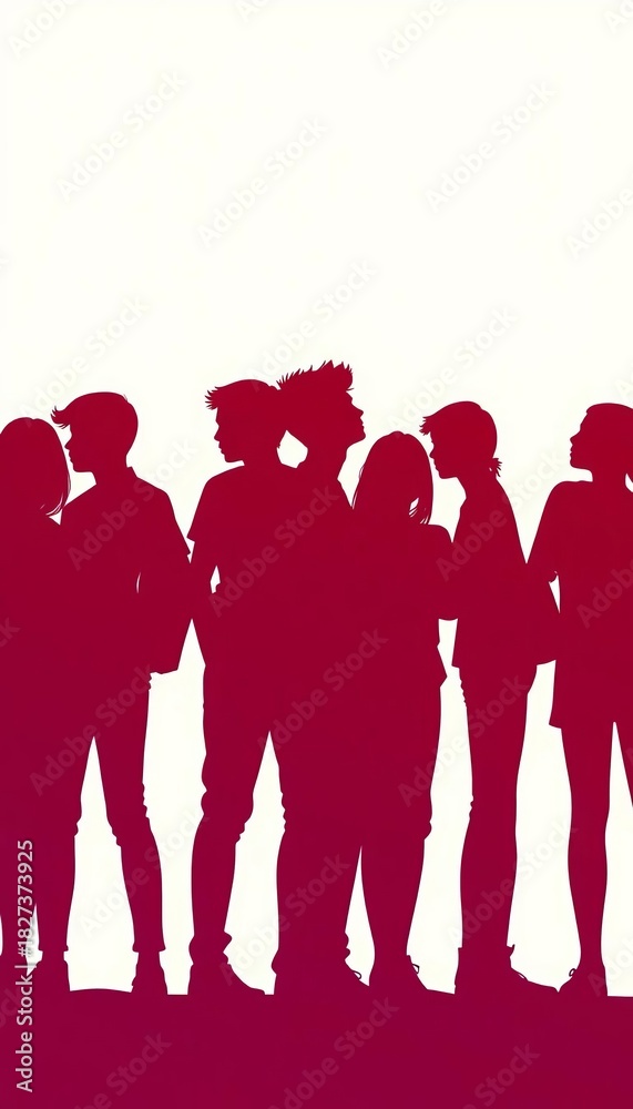 Obraz premium Group of teen silhouettes, diverse poses suggesting friendship and shared experiences, community, together