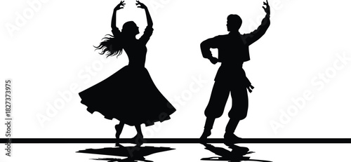 Black Silhouette of Two Folk Dancers, Man and Woman, Performing Energetic Traditional Dance, Representing Cultural Celebration and Artistic Movement