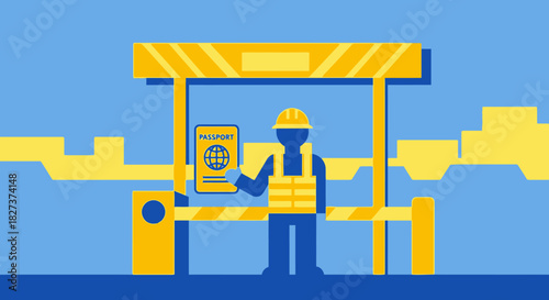 Construction worker at a checkpoint with safety vest and hard hat.