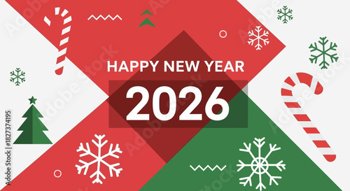 Happy New Year 2026 Festive Greeting with Christmas Elements.