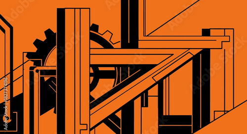 Abstract orange and black industrial machinery illustration.