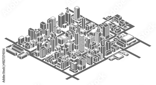 Isometric City Map Illustration of a Downtown Urban Area.