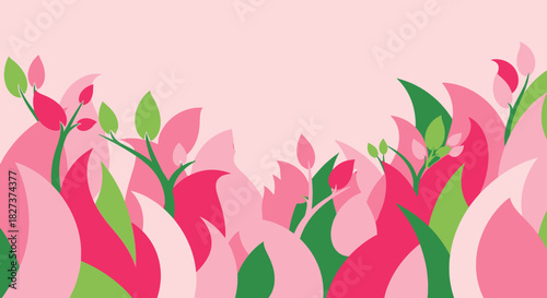 Abstract floral pattern with pink and green leaves.