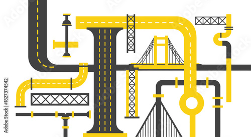 Intricate network of pipes and roads infrastructure design.