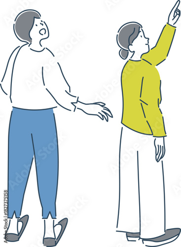 笑顔で上を見上げている2人の女性の全身のイラスト素材
