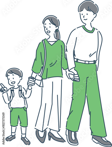 笑顔で手を繋いでショッピングをしている家族のシンプルな全身イラスト素材
