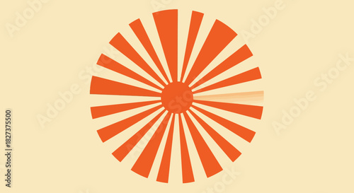 Retro style orange rising sun with radiating beams.