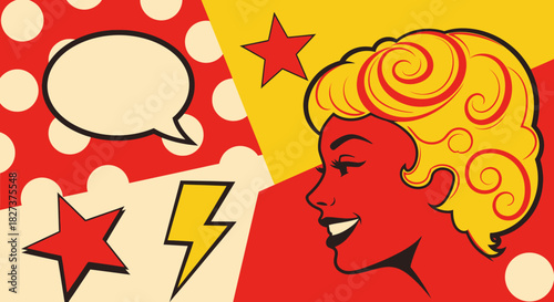Pop Art Woman with Speech Bubble and Stars.