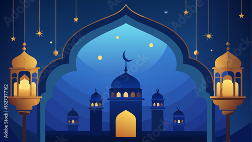 Illustration of a mosque with crescent moon and lanterns against a blue night sky backdrop scene