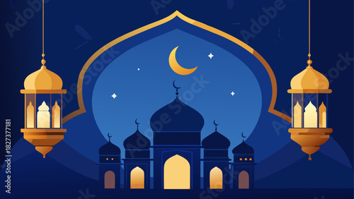 Illustration of a mosque with crescent moon and lanterns on a blue background for ramadan kareem theme