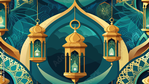 Illustration of hanging ornate lanterns with teal and gold arabesque design elements around them