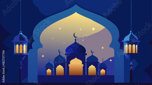 Illustration of a mosque with crescent moons and hanging lanterns at night with stars above it