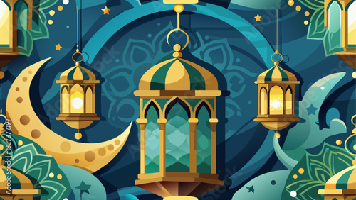 Illustration of ramadan lanterns and crescent moons with stars in a festive background design