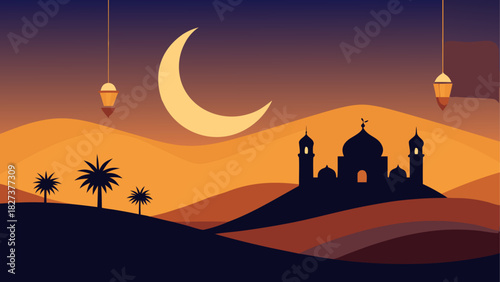 Silhouette of a mosque and palm trees with a crescent moon and hanging lanterns at dusk landscape view