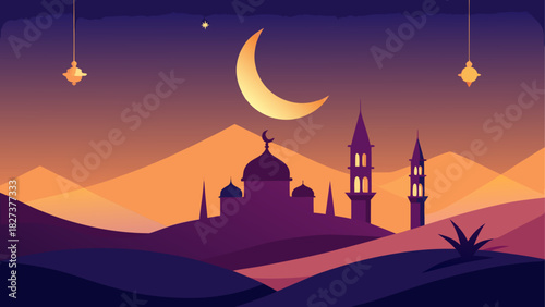 Silhouette of a mosque and minarets under a crescent moon and star filled night sky landscape view