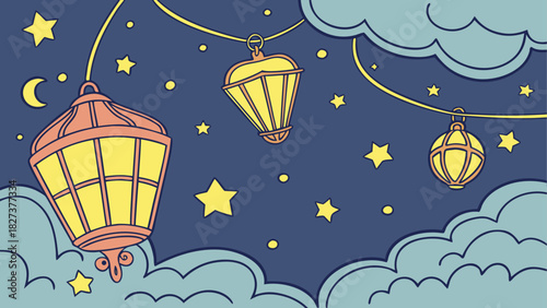 Illustration of hanging lanterns with stars and clouds in a night sky background scene design