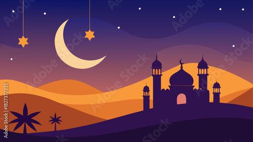 Illustration of a mosque silhouette at night with crescent moon and hanging stars in the sky viewscape
