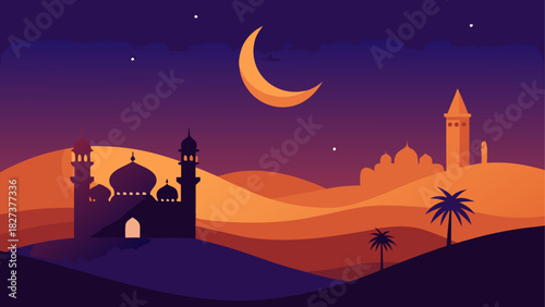 Illustration of a mosque and palm trees in a desert landscape under a crescent moon at night time scene