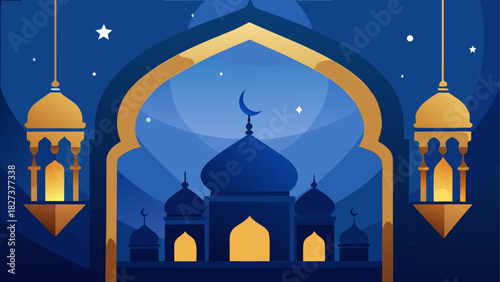 Illustration of a mosque with crescent moon and lanterns against a blue starry night backdrop