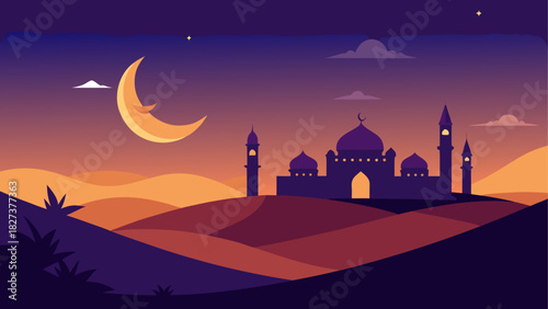Illustration of a mosque silhouette with a crescent moon and stars at twilight in the desert