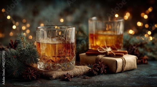 Festive holiday still life features two glasses of cold whiskey with ice, surrounded by cinnamon sticks, star anise, a small gift, and warm bokeh lights.