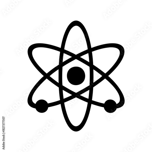 Stylized graphic of an atom with orbiting electrons in simple black lines