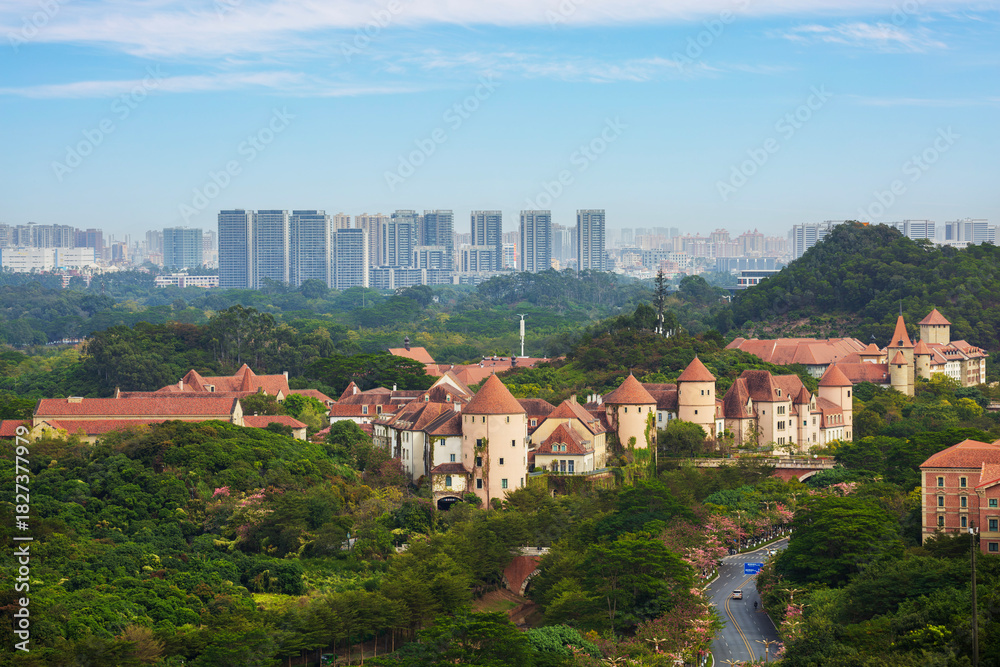 Fototapeta premium Huawei campus European town architectural complex aerial view at Songshan Lake in Dongguan, Guangdong, China