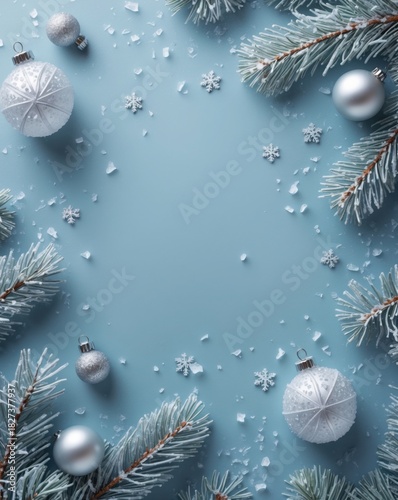 christmas background with fir branches and snow, Festive arrangement on a light blue background featuring fir branches, Christmas baubles in metallic silver and blue, and small decorative white snowfl