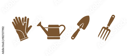 Fork, shovel, rake line and solid icon, gardening theme, assortment of hand garden tools for digging and loosening earth sign on a white backdrop, Garden tools icon in outline format. Vector graphics

