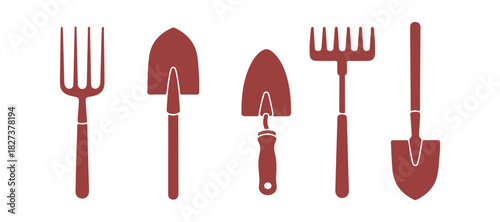 Fork, shovel, rake line and solid icon, gardening idea, collection of hand garden tools for digging and loosening soil sign on a white background, Garden tools icon in outline design. Vector graphics