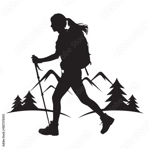 Silhouette of a female hiker with backpack and trekking poles walking in nature vector illustration for outdoor adventure and travel concepts