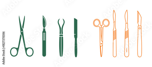 Line and solid icons of surgery tools. Instruments like scissors and scalpel. A health care vector design concept, with an outline style pictogram on a white background, designed for web and app usage