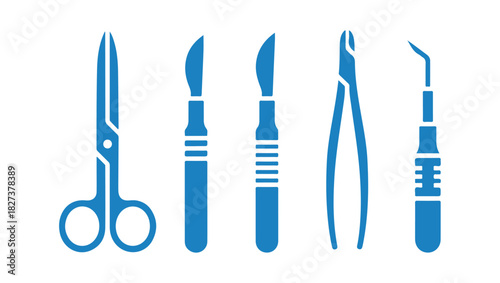 Icons of surgical tools in both line and solid styles. Medical instruments such as scissors and scalpel. A health care vector design concept, outlined pictogram on a white background, perfect for web 