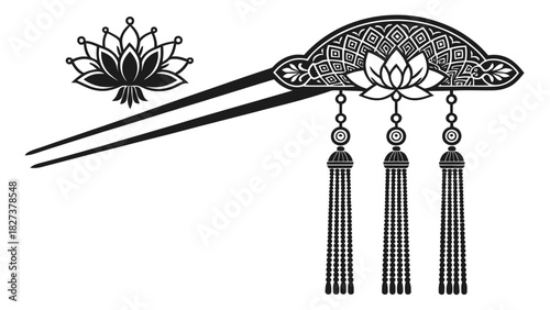 Elegant Asian-Inspired Hair Accessory Design with Lotus Flower and Tassels, Perfect for Fashion, Beauty, and Cultural Projects, Originally a Vector Graphic