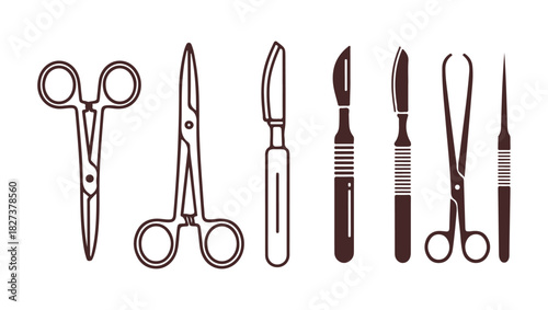Surgical tools depicted as a line and solid icon. Medical instruments like scissors and a scalpel. A health care vector design idea, featuring an outline style pictogram on a white background.
