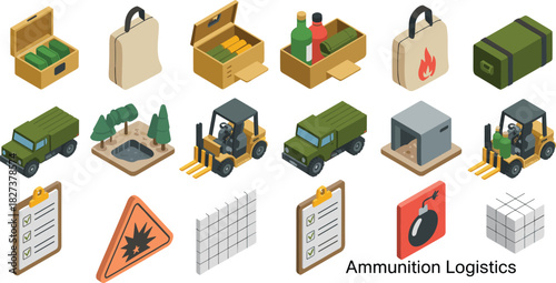 Isometric military ammunition logistics icons, storage facilities, transport vehicles, explosive warning signs, supply chain equipment and army warehouse operations illustration set