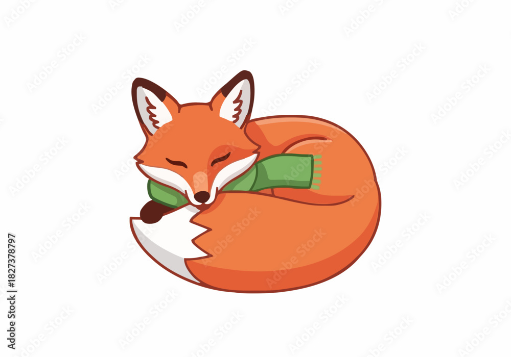 Obraz premium Cute sleeping fox curled up wearing green winter scarf cozy animal mascot vector illustration