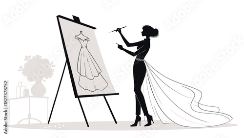 Chic fashion designer sketching a stunning wedding gown, envisioning bridal dreams and elegance, perfect for style blogs and creative industry promotions