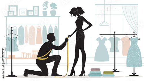 Elegant fashion designer fitting a chic dress on a stylish woman in a modern atelier, showcasing couture and bespoke tailoring, ideal for fashion marketing