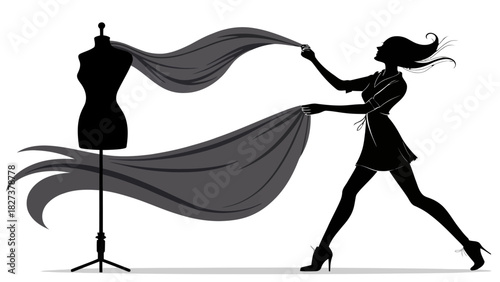 Fashion designer styling fabric on mannequin, creating elegant modern dress silhouette, artistic expression, creative process, high fashion design concept