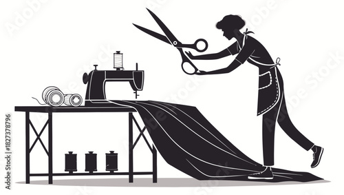 Creative tailor fashioning fabric at sewing machine with scissors, professional dressmaker at work, crafting bespoke clothing with skill and precision