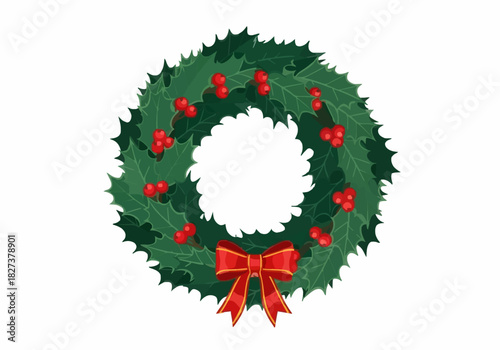 Traditional holly christmas wreath vector illustration isolated design element for seasonal decoration and winter holiday marketing